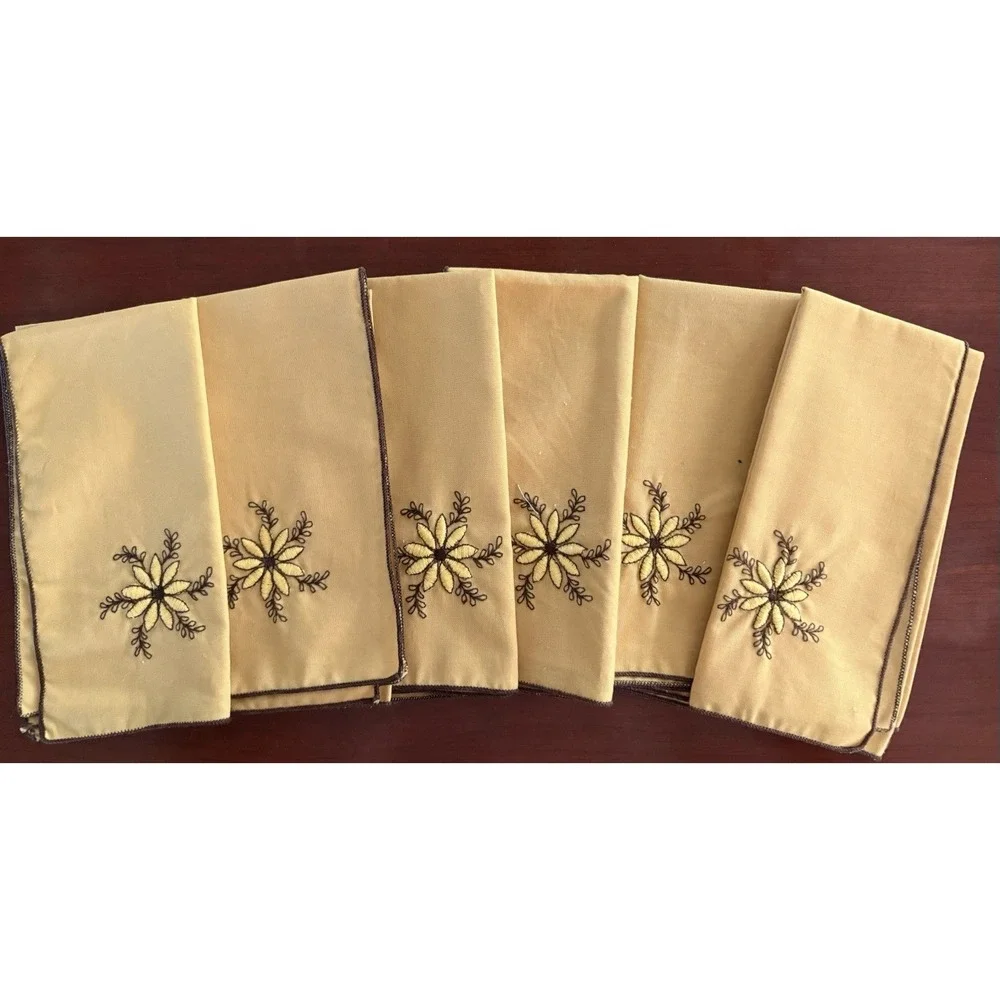 Cloth Napkins Vintage Set Of 6 MCM Yellow & Brown With Flower 16.5